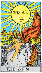 Tarot card featuring a sun with a face, a horse, and a person with a crown, labeled 'The Sun'.