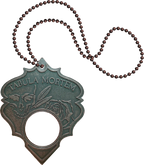 Decorative pendant with 'Tabula Mortem' text and beaded chain on a white background