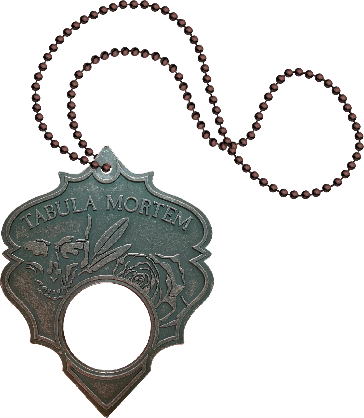 Decorative pendant with 'Tabula Mortem' text and beaded chain on a white background