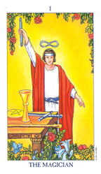 Tarot card featuring 'The Magician' with a person in robes holding a staff against a yellow background.