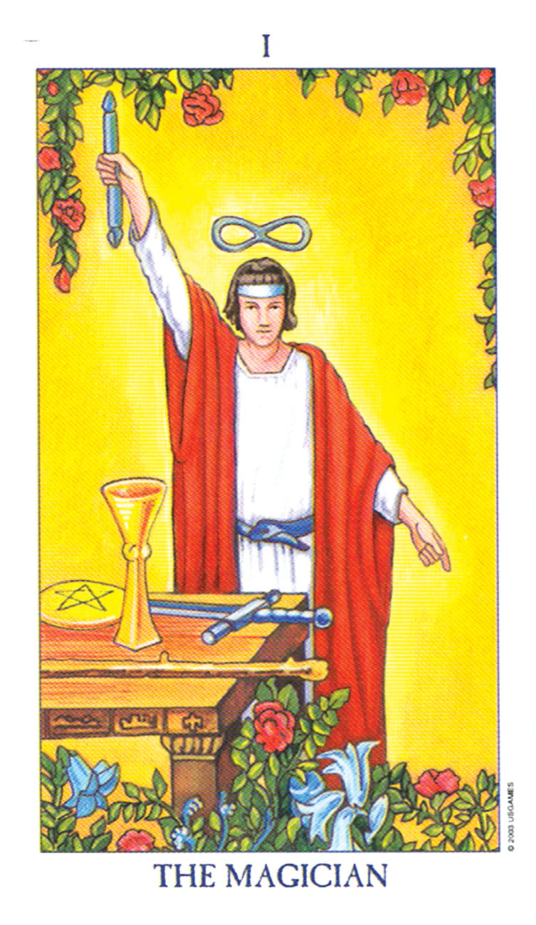 Tarot card featuring 'The Magician' with a person in robes holding a staff against a yellow background.