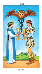 Two Cups tarot card with two people holding cups and a lion head above them, on a blue background.