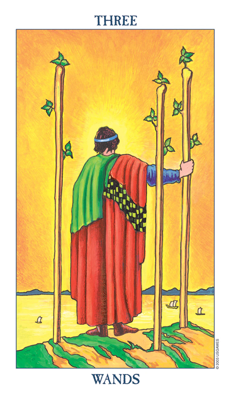 Tarot card featuring a figure holding three wands against a yellow background