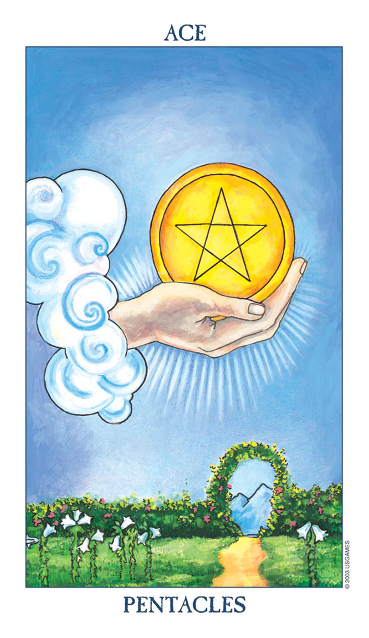 Tarot card featuring a hand holding a gold coin with a pentacle symbol against a blue sky.