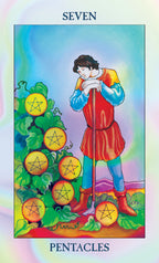 Tarot card featuring a figure with pentacle symbols on a colorful background
