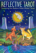 Cover of 'Reflective Tarot' featuring a sun and moon design with two animals and a scorpion.