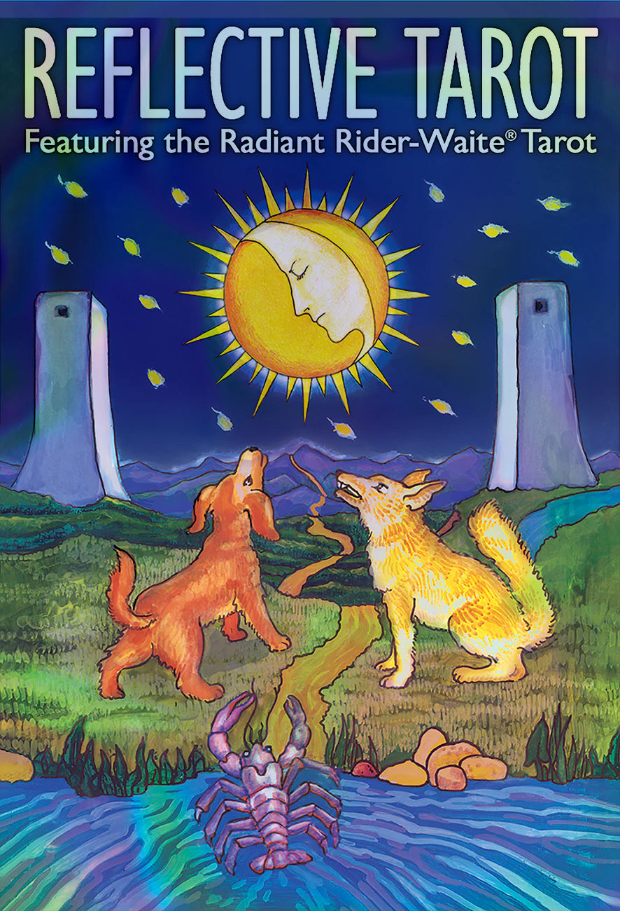 Cover of 'Reflective Tarot' featuring a sun and moon design with two animals and a scorpion.