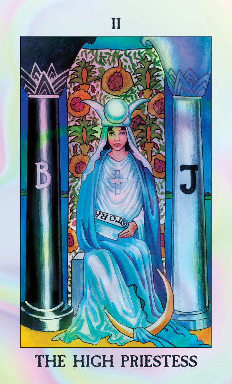 Tarot card featuring 'The High Priestess' with a colorful design and columns.