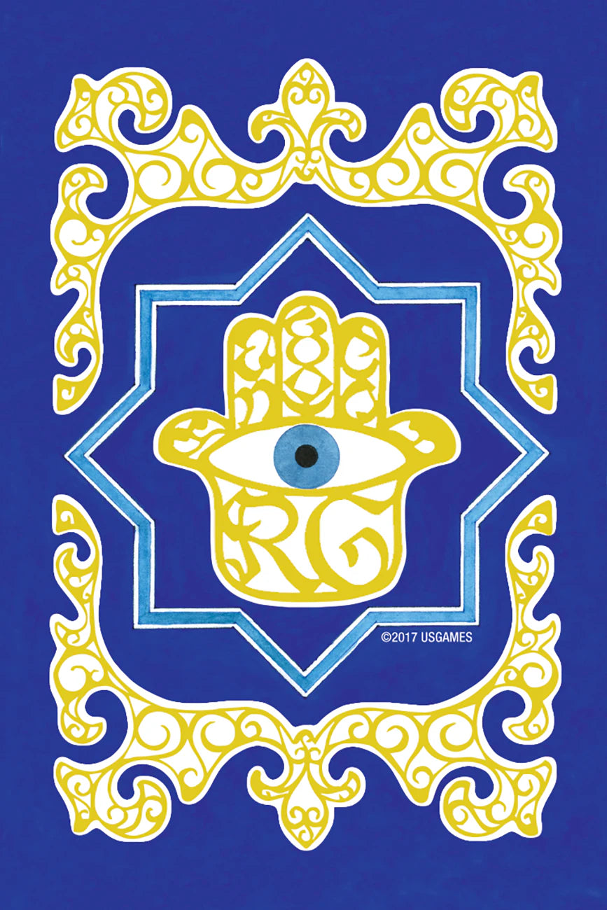Decorative design with a blue eye symbol in a yellow frame on a blue background