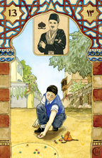 Illustration of a boy playing with a dog in a garden, framed by decorative elements.