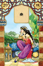 Artistic depiction of a woman in a garden with decorative border and card number 29.