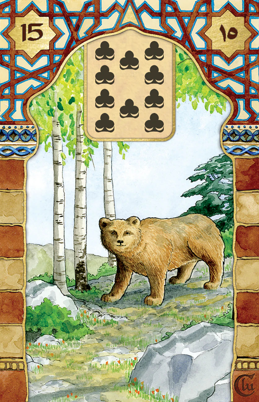 Bear in a natural setting with decorative border and card numbers