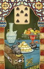 Decorative illustration of mice around a cake with a decorative archway and symbols above.