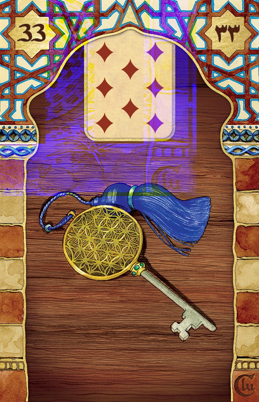 Decorative card with a key, tassel, and geometric design on a wooden background