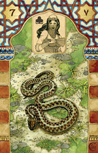 Vintage-style card with a snake, woman, and decorative border