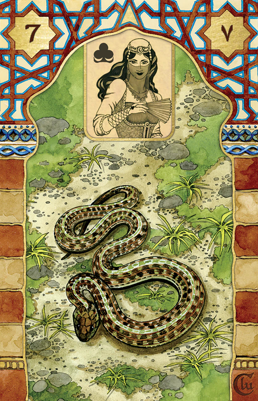 Vintage-style card with a snake, woman, and decorative border