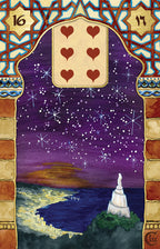 Card with hearts symbol and starry night landscape