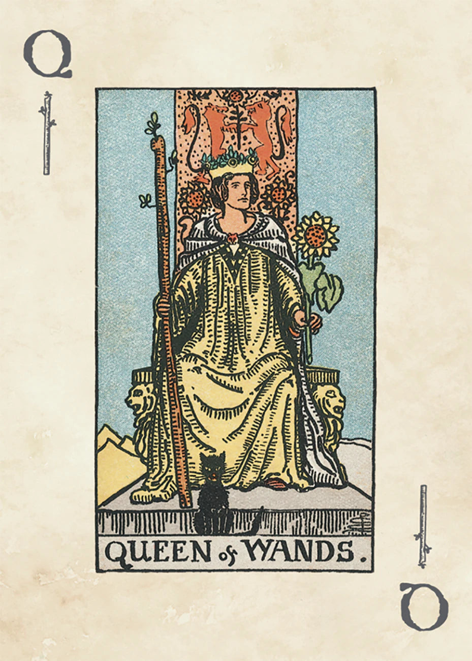 Queen of Wands tarot card with a woman in a yellow dress holding a flower, surrounded by symbols on a beige background.