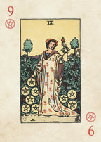 Vintage-style tarot card with a person holding a bird, surrounded by stars and trees on a beige background.