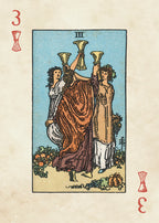 Vintage-style card with three figures holding cups, likely from a tarot deck.