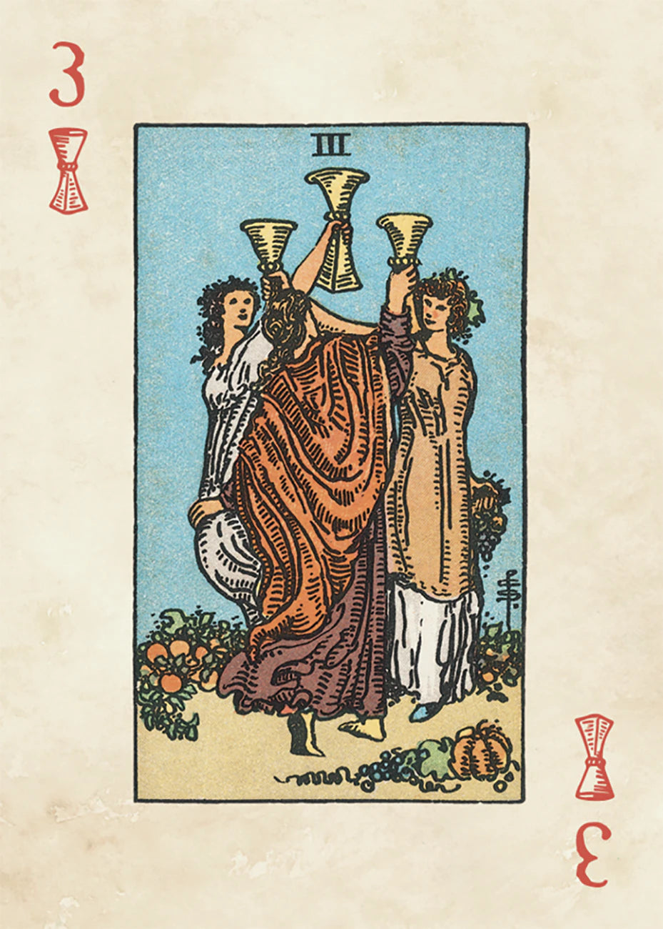 Vintage-style card with three figures holding cups, likely from a tarot deck.