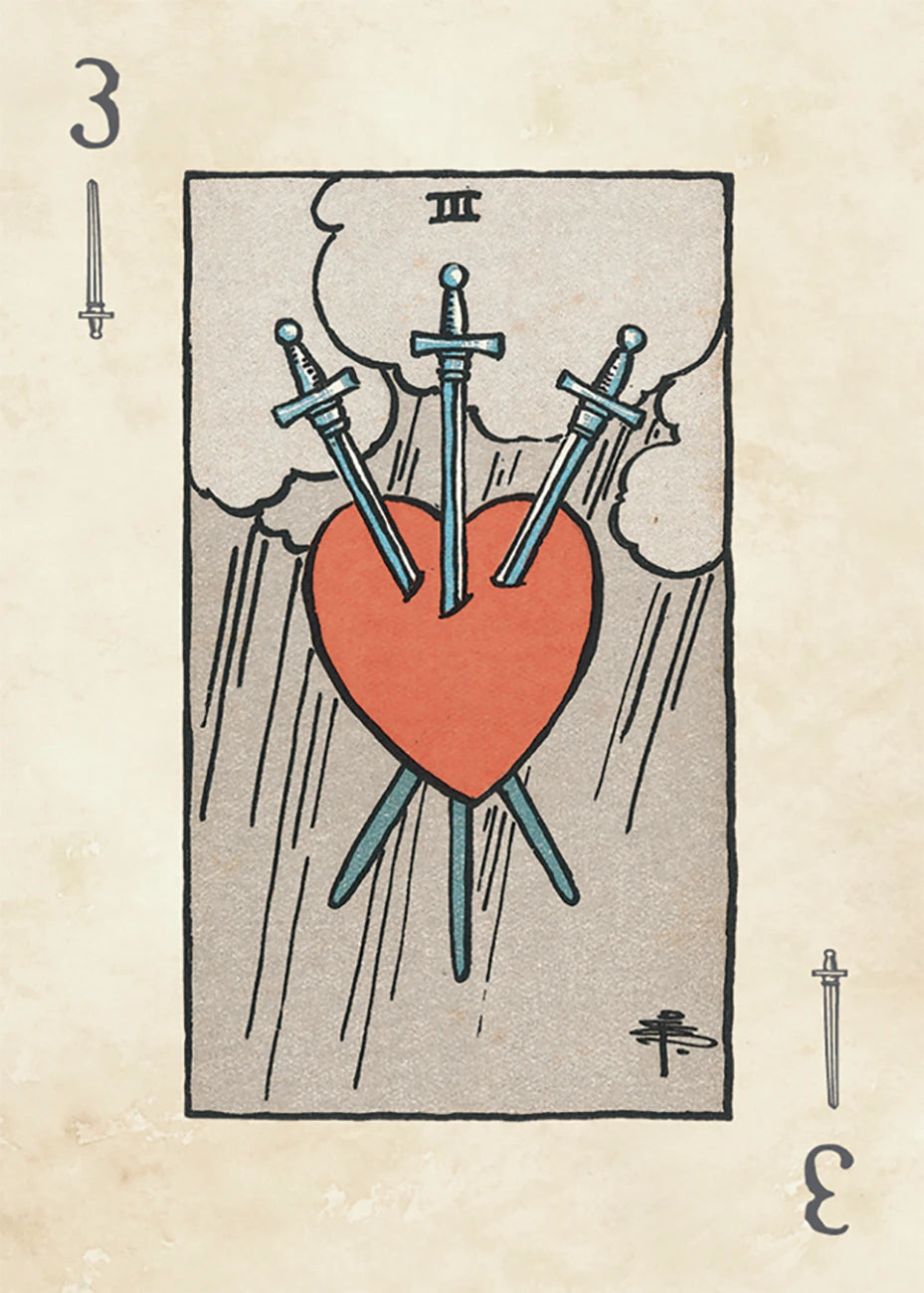 Card with three swords piercing a heart on a textured beige background