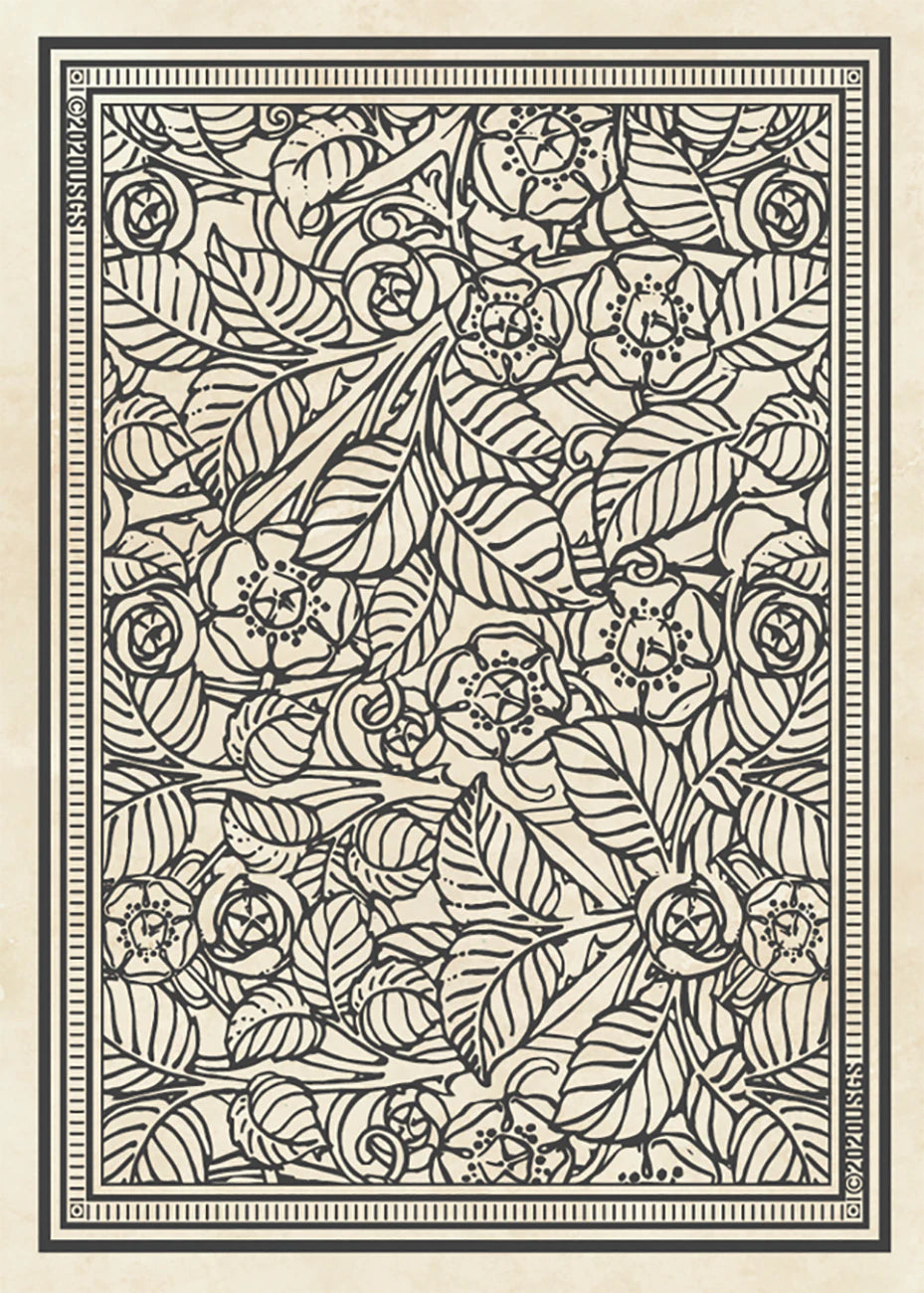 Decorative floral and leaf pattern on a beige background