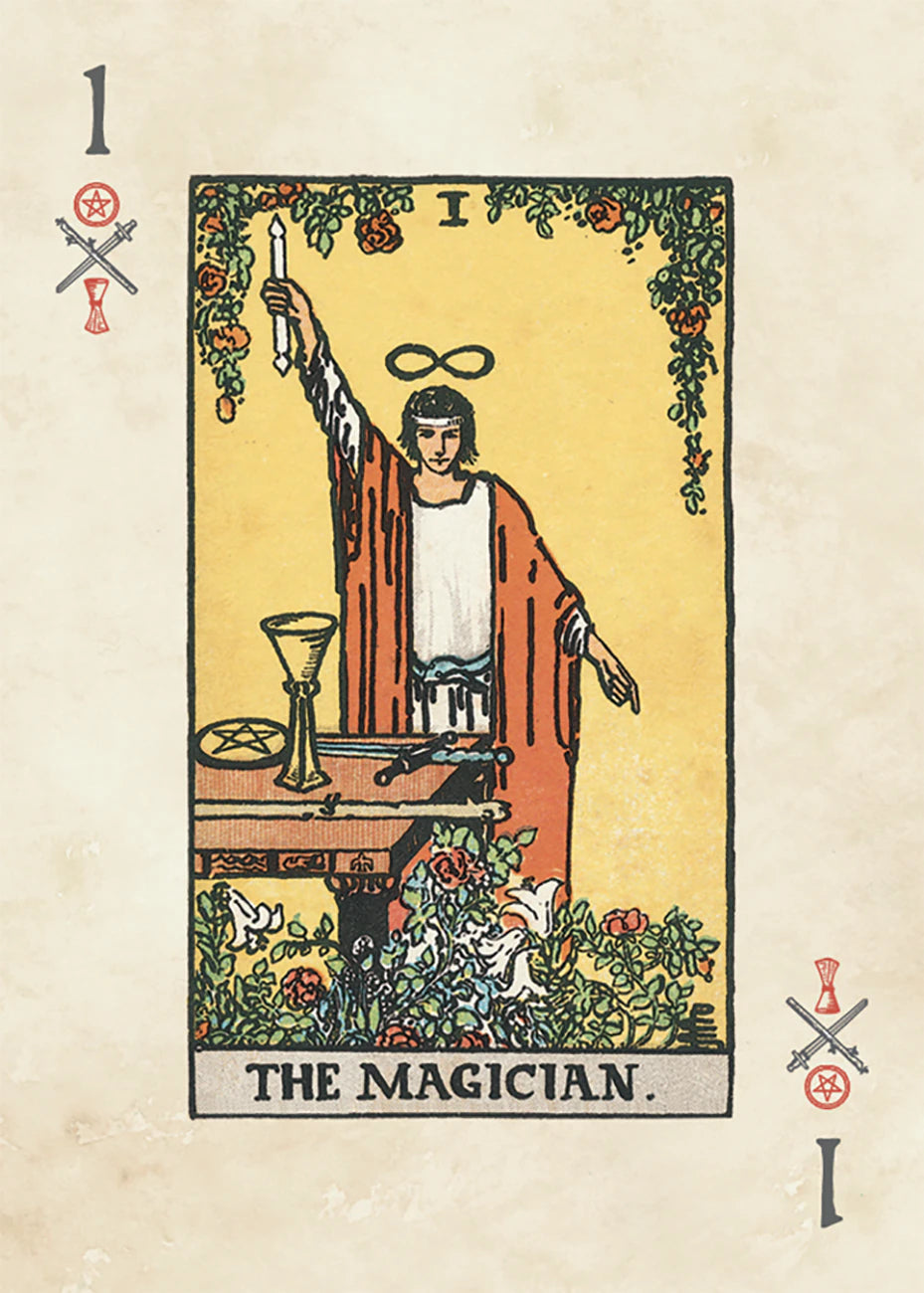 Tarot card featuring 'The Magician' with a central figure in robes and a chalice, surrounded by nature elements.