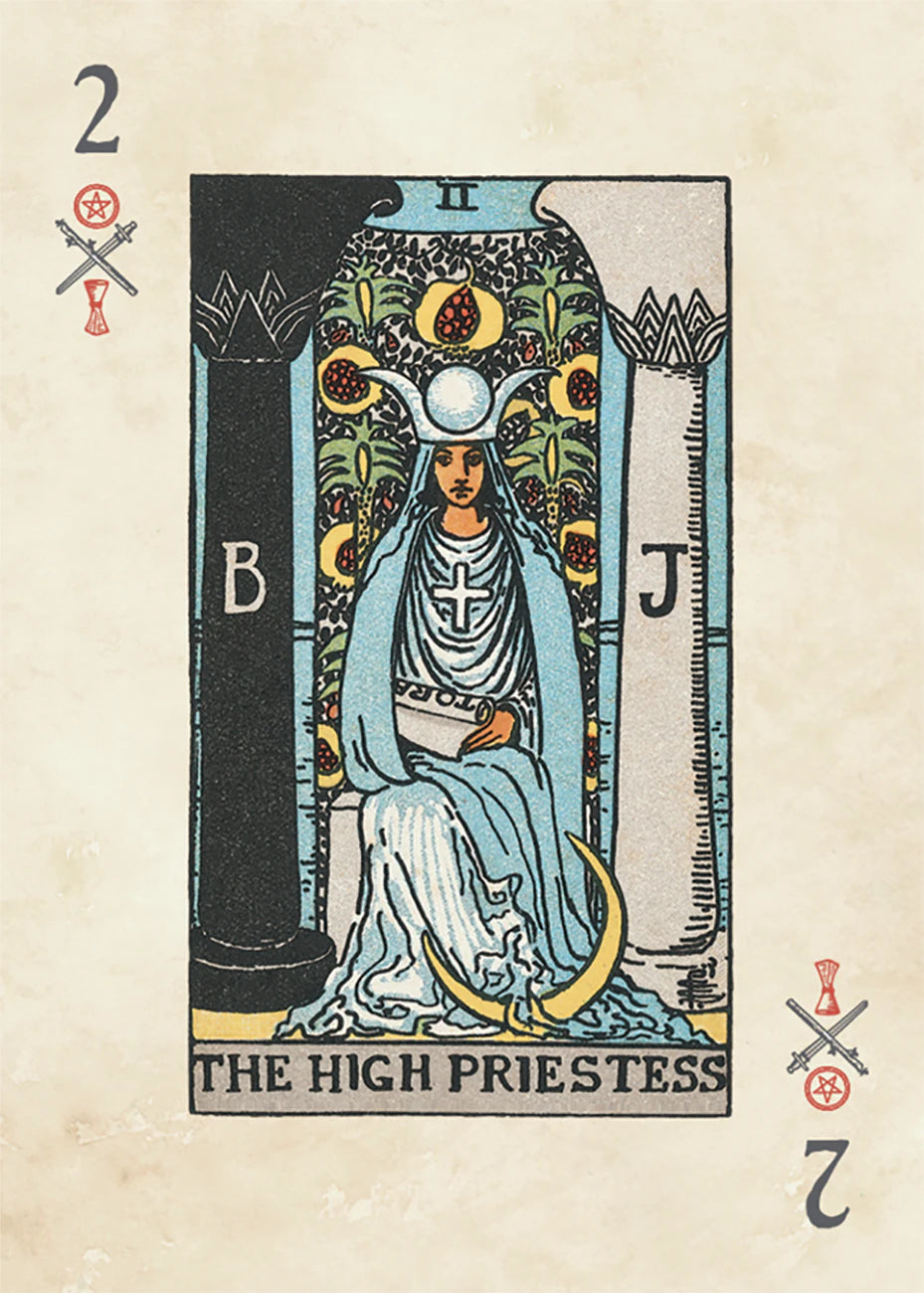Tarot card featuring 'The High Priestess' with a vintage design.