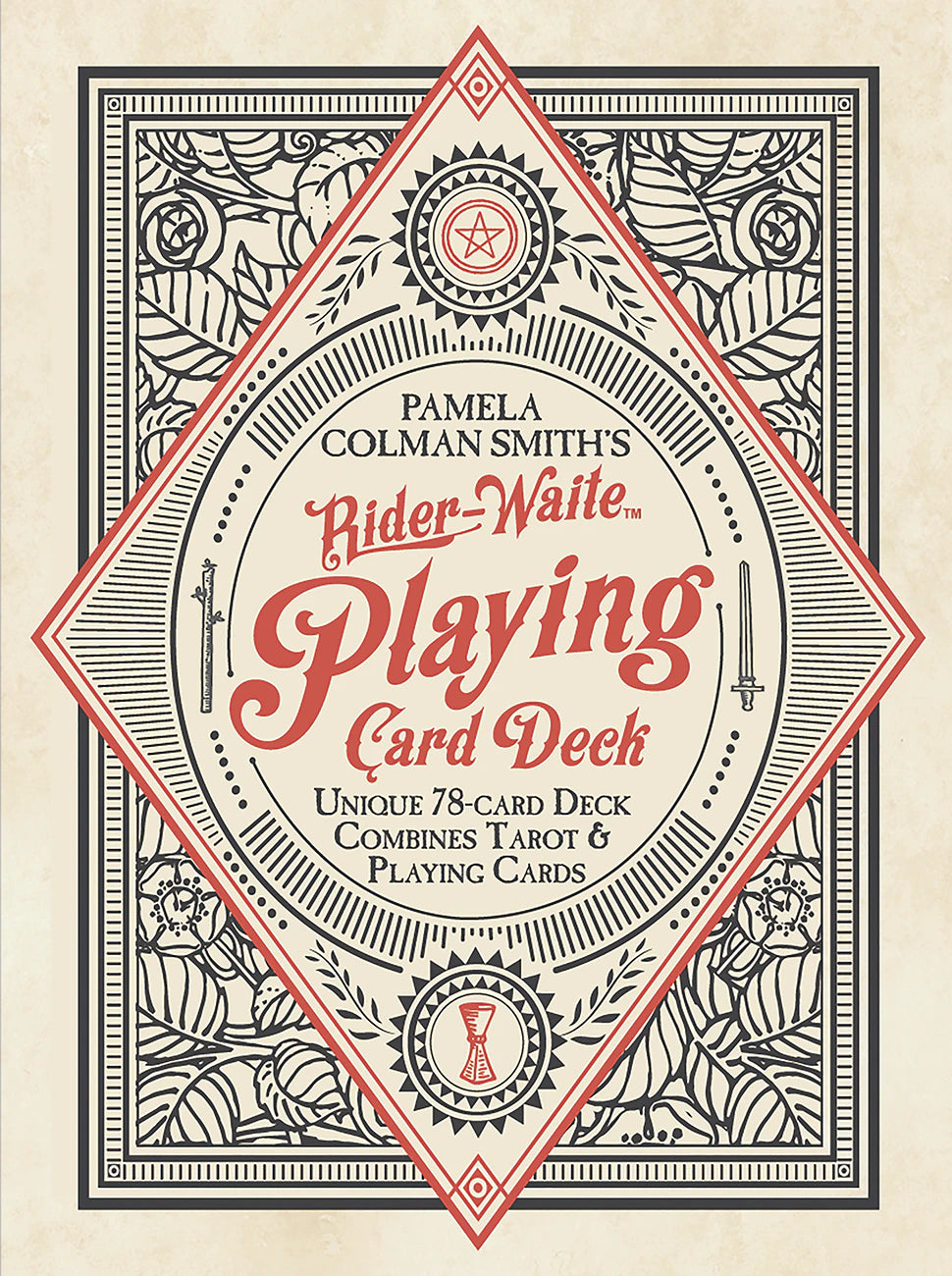 Cover of Pamela Colman Smith's Rider-Waite Playing Card Deck with decorative border and text.