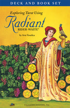 Book cover of 'Exploring Tarot Using Radiant Rider-Waite' with a character holding apples and a bird, set against a yellow background.