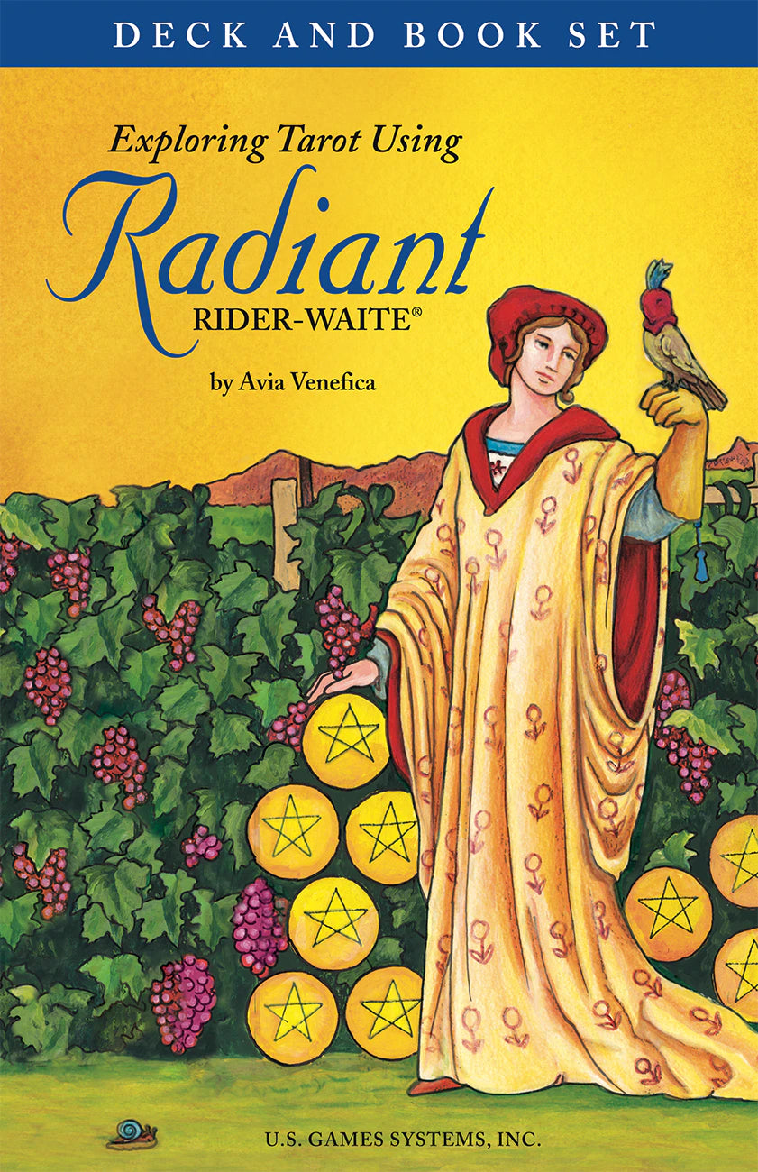 Book cover of 'Exploring Tarot Using Radiant Rider-Waite' with a character holding apples and a bird, set against a yellow background.