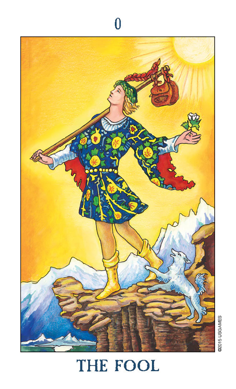 Tarot card titled 'The Fool' with a person in colorful attire standing on a cliff.