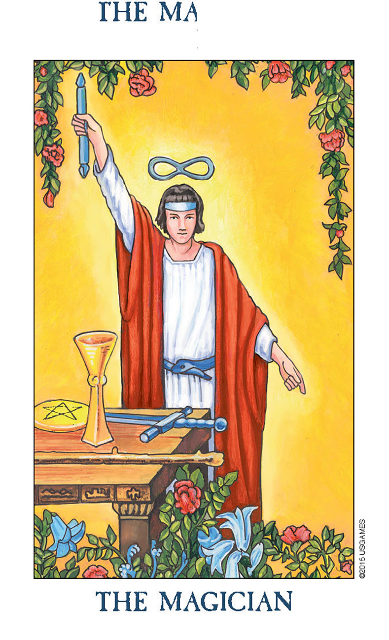 Tarot card featuring 'The Magician' with a person in robes holding a candle against a yellow background.