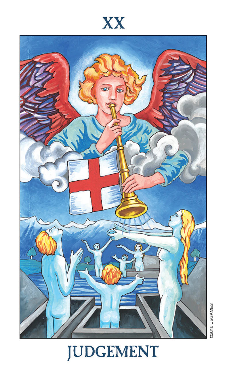 Tarot card titled 'Judgment' featuring an angel with a trumpet and a flag, surrounded by people on a bridge.