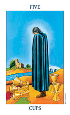 Tarot card titled 'Five of Cups' with a person in a blue cloak and gold goblets.