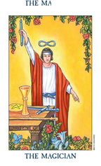 Tarot card featuring 'The Magician' with a person in robes holding a candle against a yellow background.