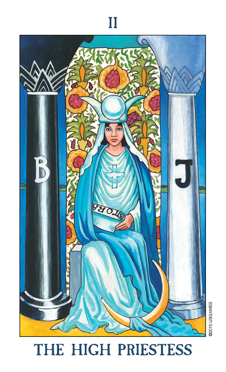 Tarot card featuring 'The High Priestess' with a figure in blue robes and a headdress, flanked by two columns.