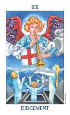 Tarot card titled 'Judgment' featuring an angel with a trumpet and a flag, surrounded by people on a bridge.