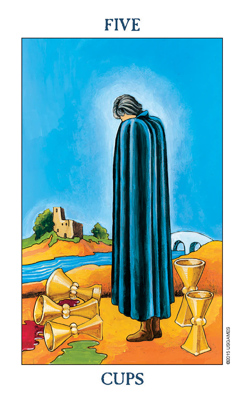 Tarot card titled 'Five of Cups' with a person in a blue cloak and gold goblets.