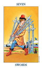 Tarot card featuring a figure holding seven swords against a yellow background