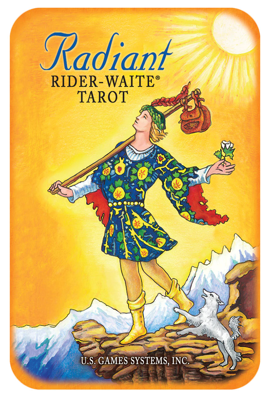 Card from the Radiant Rider-Waite Tarot with a person in colorful attire standing on a mountain peak.