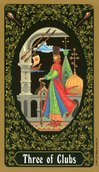 Card featuring a character in a colorful outfit with architectural elements and decorative border, labeled 'Three of Clubs'.