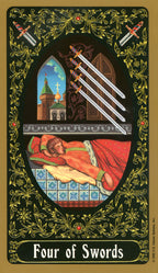 Four of Swords tarot card with decorative border and scene of a man sleeping under three swords.