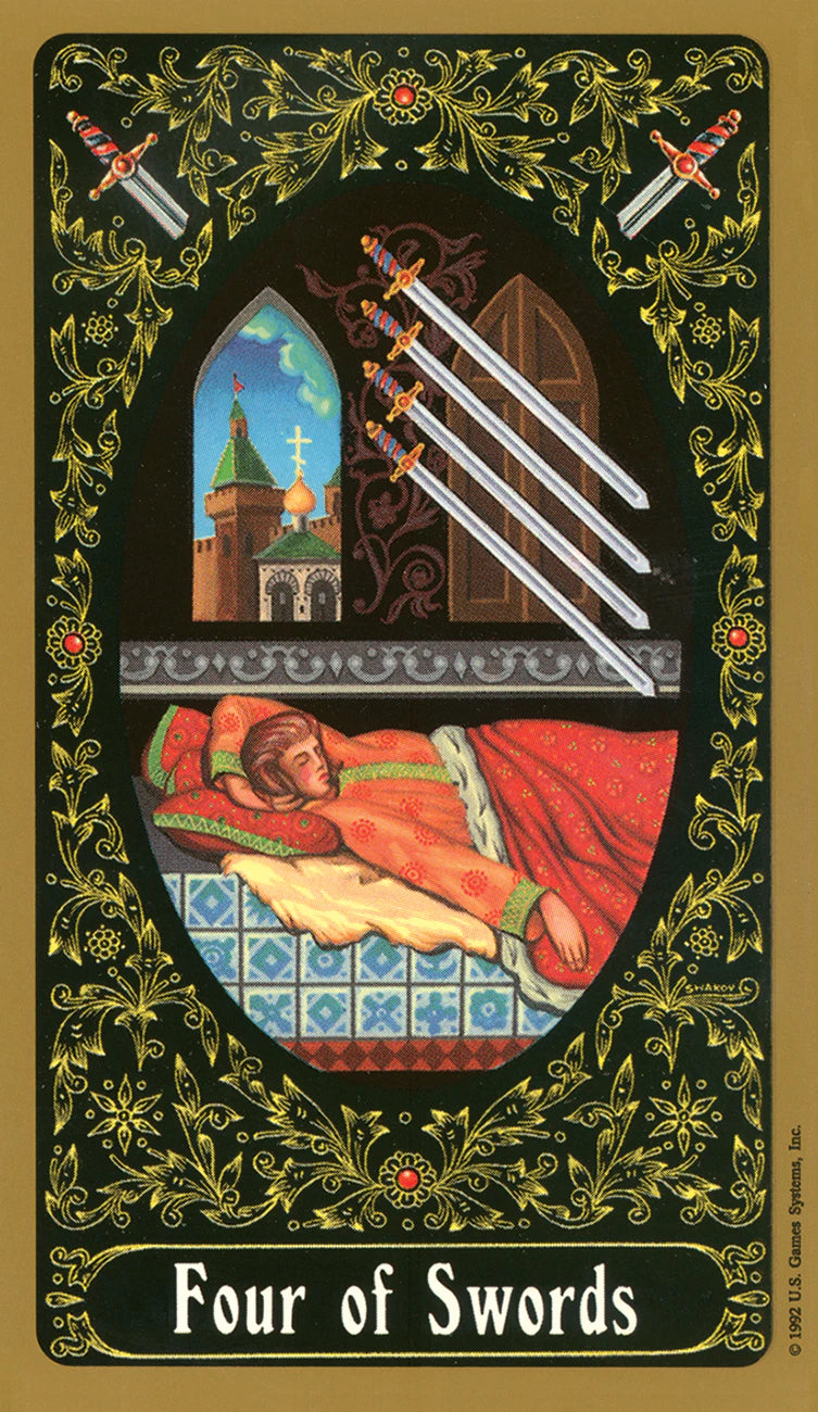 Four of Swords tarot card with decorative border and scene of a man sleeping under three swords.