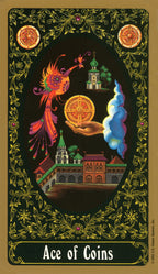 Card titled 'Ace of Coins' with colorful design elements on a dark background