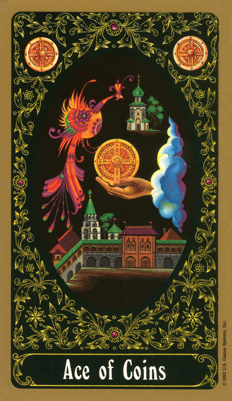 Card titled 'Ace of Coins' with colorful design elements on a dark background