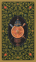 Decorative card with intricate designs and a central emblem on a black background