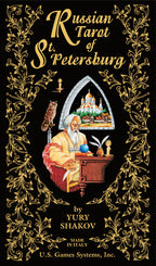 Cover of 'Russian Tarot of St. Petersburg' with decorative elements and illustration of a sage.