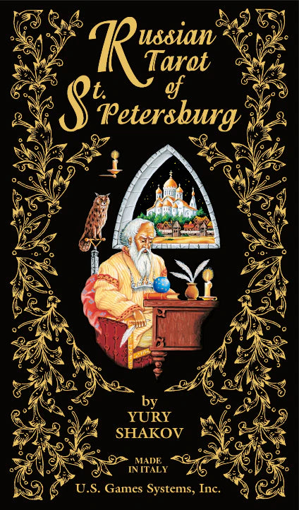 Cover of 'Russian Tarot of St. Petersburg' with decorative elements and illustration of a sage.